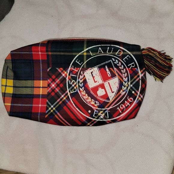 Estee Lauder Plaid Tartan Cosmetic Zipper Make Up Bag with Tassle & Big Logo - Picture 2 of 13